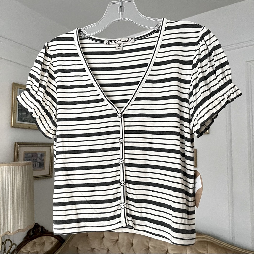 Gypsies and Moondust Striped Ruffle Bel-Sleeve Soft Button Down Top Sz M ~ NWT